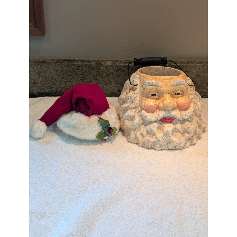 Crackling St. Nick Santa Claus Head Vintage Paper Mache Basket Bucket Handle
